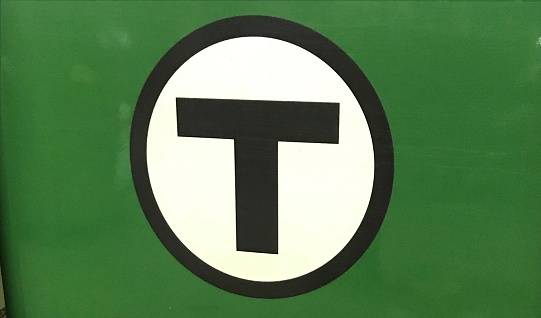 Green line signage in Kenmore Station of Boston's T (mass transit) system