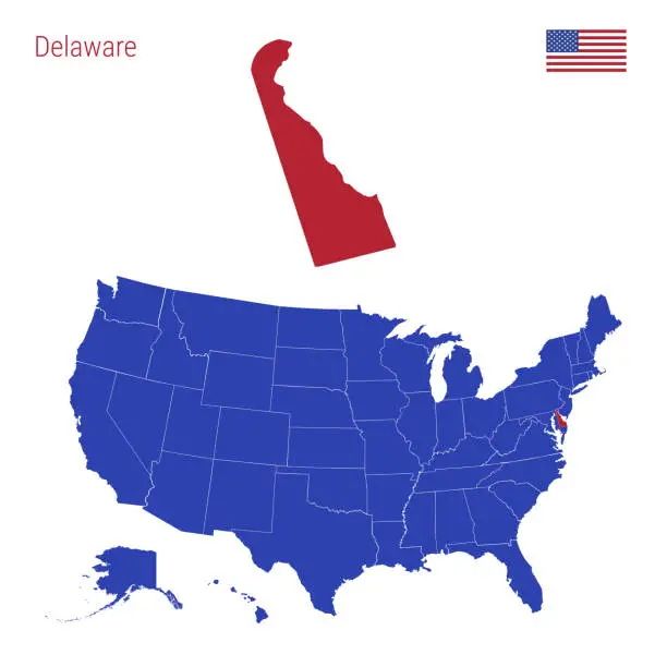 Vector illustration of The State of Delaware is Highlighted in Red. Vector Map of the United States Divided into Separate States.