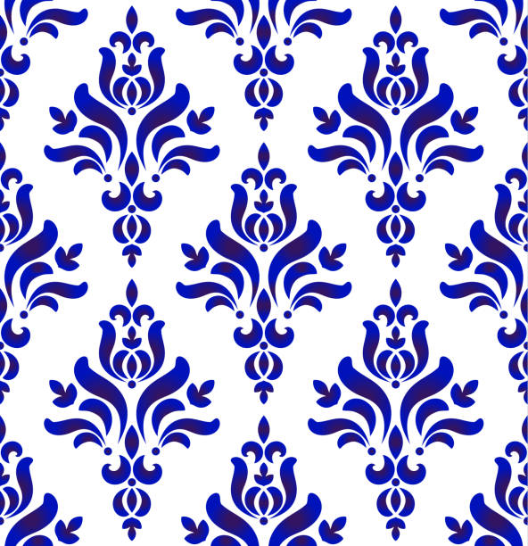 decorative damask seamless pattern Floral ornament on watercolor backdrop damask and baroque style, blue and white ceramic tile pattern seamless vector illustration, cute porcelain background design persian pottery stock illustrations