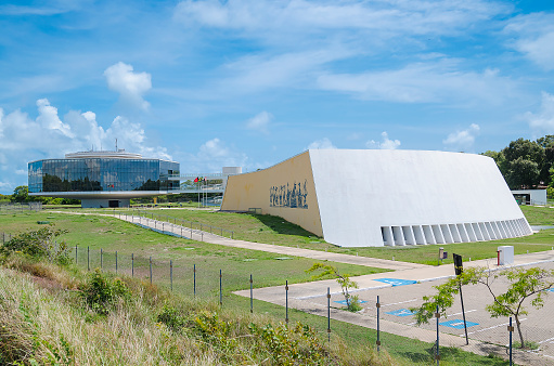 Joao Pessoa PB, Brazil - February 25, 2019: Building designed by the architect Oscar Niemeyer called Estacao Cabo Branco, science, culture and arts. Tower, auditorium and parking lot.