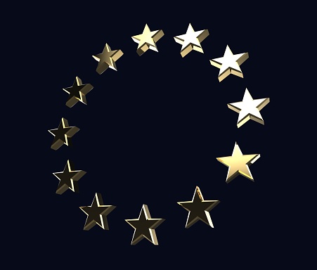 Golden metal European Union logo stars on dark blue background. 3D rendering illustration