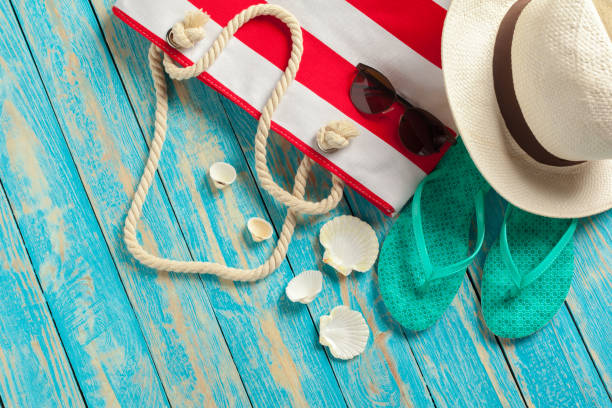istock beach accessories on the blue wooden board 1141836912