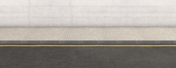 A flat front view of a section of raised sidewalk and street on a plain wall background - 3D render