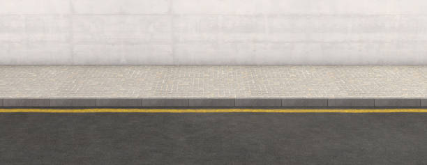 Sidewalk Backdrop A flat front view of a section of raised sidewalk and street on a plain wall background - 3D render sidewalk stock pictures, royalty-free photos & images