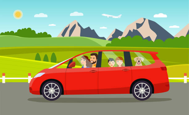 ilustraciones, imágenes clip art, dibujos animados e iconos de stock de divertida familia conduciendo en minivan en vacaciones de fin de semana. paisaje veraniego. ilustración de estilo plano vectorial - family in car
