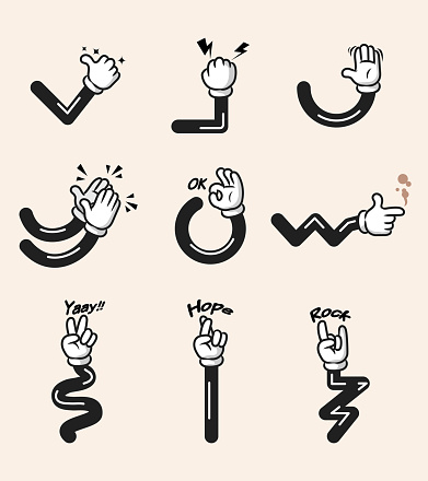 Assorted collection of comic cartoon hand gesture. Hand and arms in separated group.
