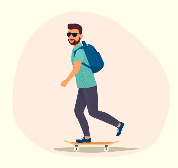 Vector illustration of Young man in sunglasses riding a skateboard isolated. Vector flat style illustration