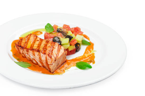 istock Grilled salmon fillet isolated on white. 1141843844