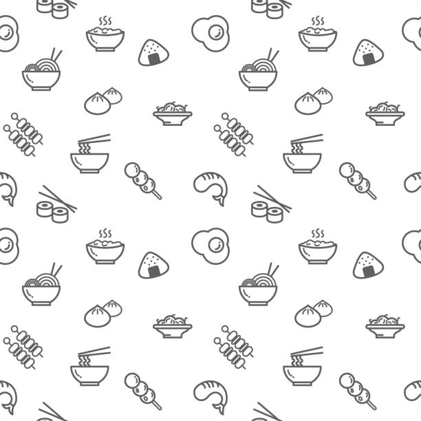 ilustraciones, imágenes clip art, dibujos animados e iconos de stock de iconos de alimentos patrón sin fisuras vector gris sobre fondo blanco. - comida japonesa