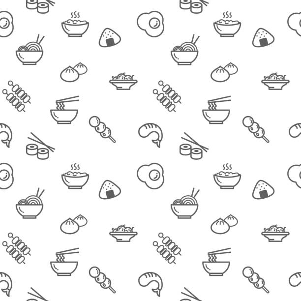 Food icons seamless pattern grey vector on white background. Collection Of ramen, rice, dumpling, dim sum, fried egg.
Template for design fabric, backgrounds, wrapping paper. japanese food stock illustrations