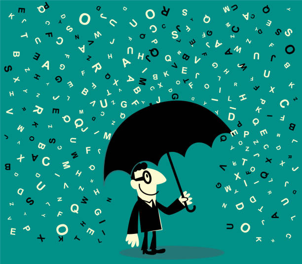 ilustrações de stock, clip art, desenhos animados e ícones de one businessman holding a umbrella avoiding a lot of falling alphabet - skill emotional stress occupation men