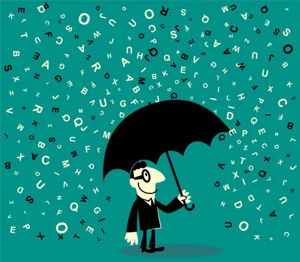 Vector illustration of One businessman holding a umbrella avoiding a lot of falling alphabet