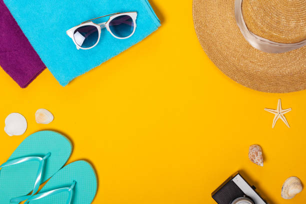 istock Summer composition of beach accessories and seashells top view 1141850191
