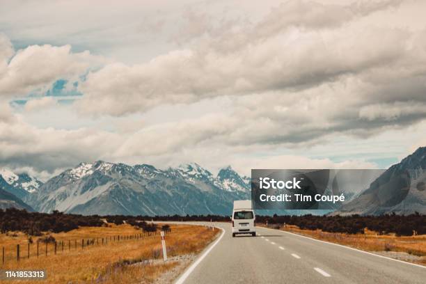Road To Mount Cook National Park New Zealand Stock Photo - Download Image Now - Asphalt, Beauty In Nature, Cloud - Sky