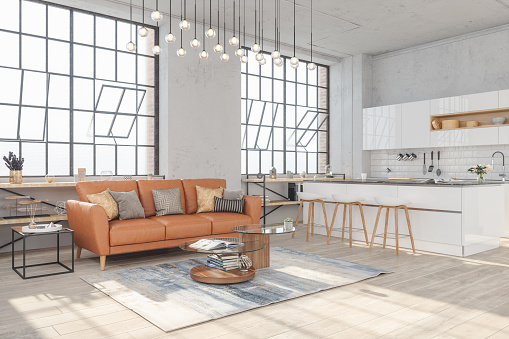 Modern living room interior with hardwood floors and view of kitchen in new luxury home