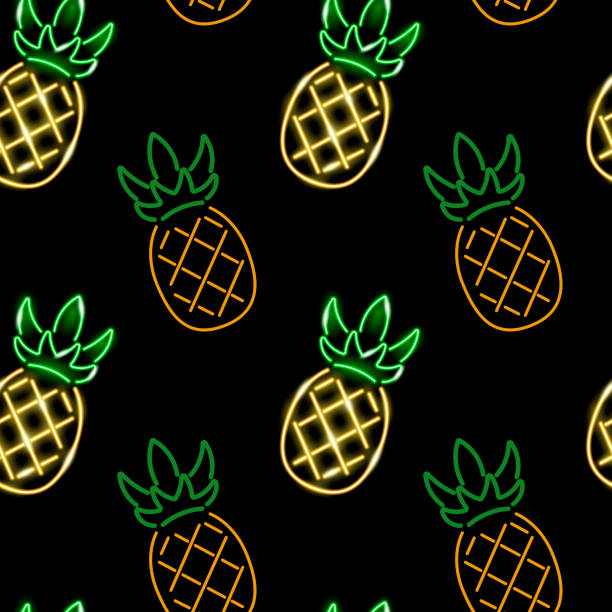 illustrazioni stock, clip art, cartoni animati e icone di tendenza di motivo senza cuciture con ananas al neon su sfondo nero. concetto estivo, esotico, tropicale, alimentare. illustrazione eps vector 10. - silhouette fruit placard ornate