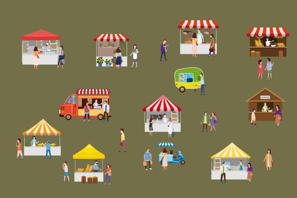 Outdoor street food festival with tiny people walking between vans or caterers, canopy, buying meals, eating and drinking, taking selfie, talking to each other. Loving couples, single, sellers, buyers. Template, flyer, baner, invitation, card poster. Tren Outdoor street food festival with tiny people walking between vans or caterers, canopy, buying meals, eating and drinking, taking selfie, talking to each other market vendor stock illustrations
