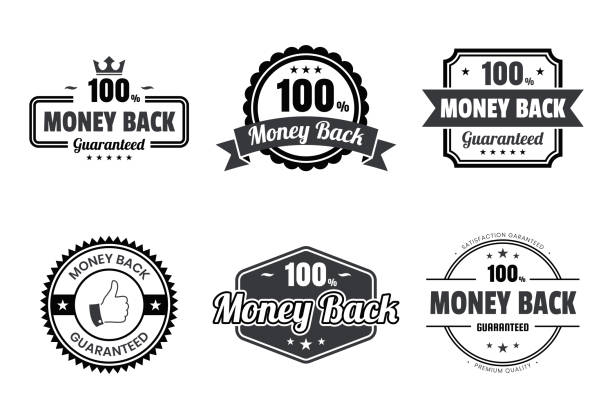 zestaw czarnych odznak i etykiet "money back" - elementy projektowe - guarantee seal stock illustrations