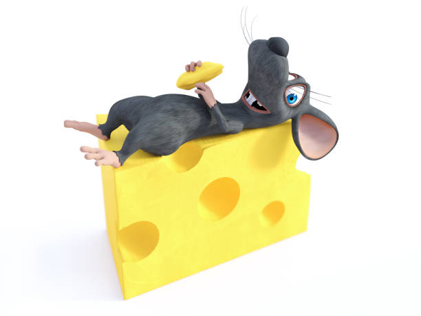 istock 3D rendering of a smiling cartoon mouse lying on cheese. 1141869511
