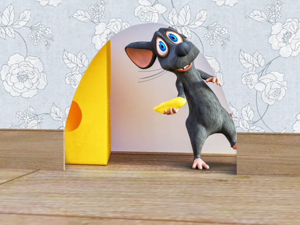 istock 3D rendering of a smiling cartoon mouse looking out from a hole. 1141869522