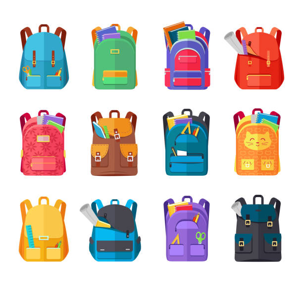 ilustrações, clipart, desenhos animados e ícones de conjunto de mochilas escolares coloridos - mochileiro