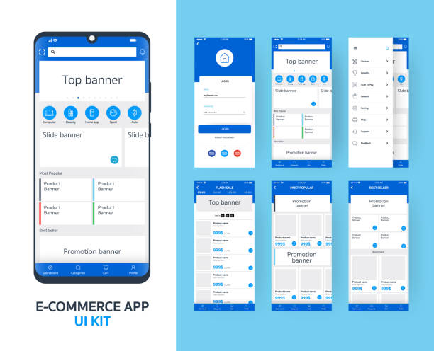 онлайн электронной коммерции приложение пользовательский набор для отзывчивых мобильных приложений с различными макет графического инте - страница сети stock illustrations