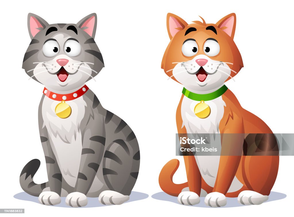 Cute Cat Vector illustration of a cute sitting cat in two variations (gray with stripes and red) looking at the camera, isolated on white. Domestic Cat stock vector