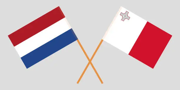 Vector illustration of Malta and Netherlands. The Maltese and Netherlandish flags. Official colors. Correct proportion. Vector
