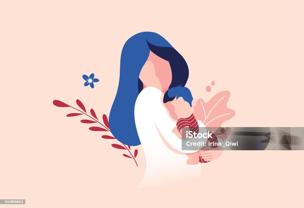 Mother Holding Baby Son In Arms. Vector Illustration Of Mother Holding Baby Son In Arms. Floral Background. Baby - Human Age stock vector