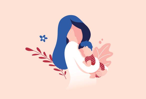 Mother Holding Baby Son In Arms. Vector Illustration Of Mother Holding Baby Son In Arms. Floral Background. son stock illustrations