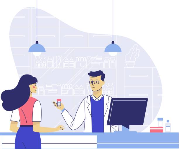Pharmacy concept with pharmacist and patient. Doctor pharmacist seller and young woman customer in drugstore. Health care and conceling medication. pharmacist cartoon stock illustrations