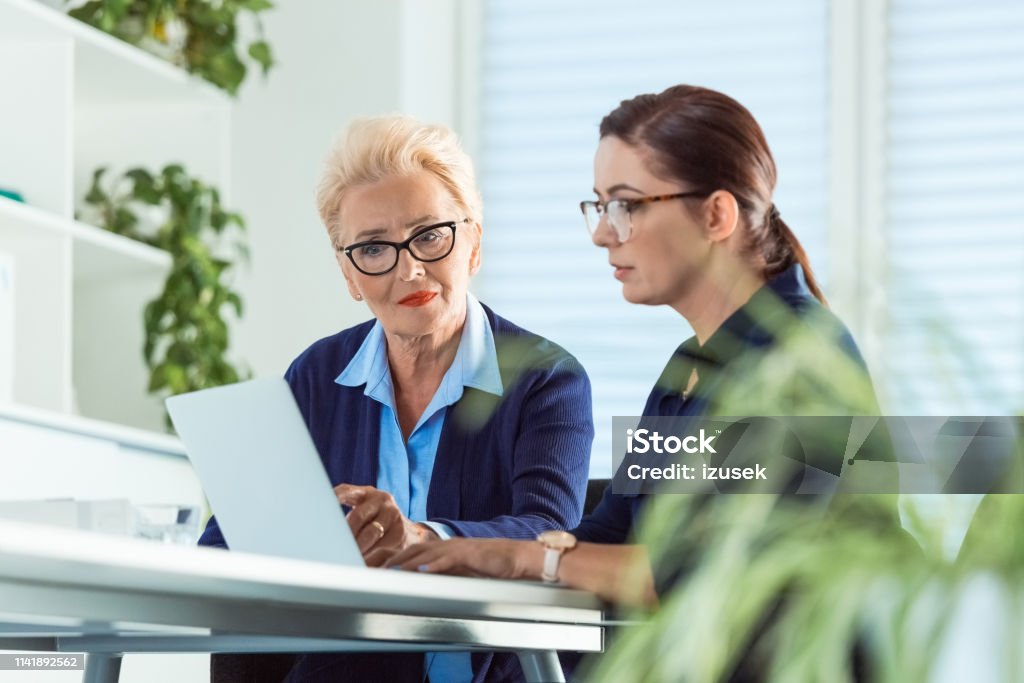 Serious entrepreneurs using laptop at desk Serious entrepreneurs using laptop at desk. Female expertise are working in start-up office. They are planning new strategies. Role Model Stock Photo