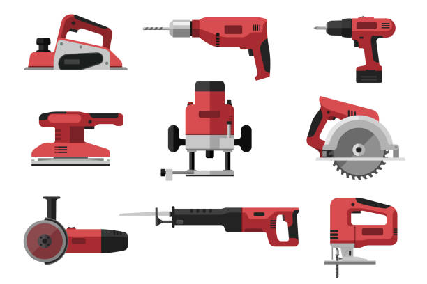 illustrazioni stock, clip art, cartoni animati e icone di tendenza di alimentare utensili elettrici - sega elettrica