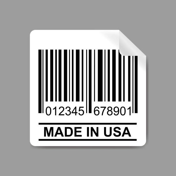 ilustraciones, imágenes clip art, dibujos animados e iconos de stock de etiqueta con código de barras y texto-hecho en usa - made in the usa label bar code merchandise