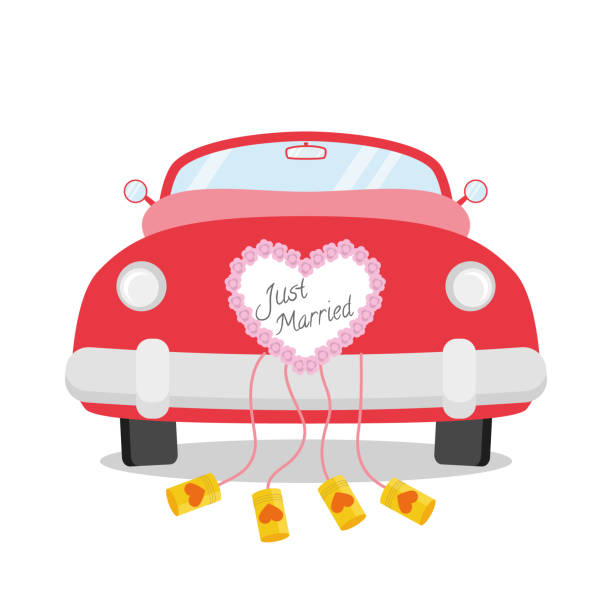 illustrazioni stock, clip art, cartoni animati e icone di tendenza di auto da sposa rossa vista da dietro con decorazione del cuore e just married scritto su di esso. concetto di icona del matrimonio illustrazione vettoriale - newlywed