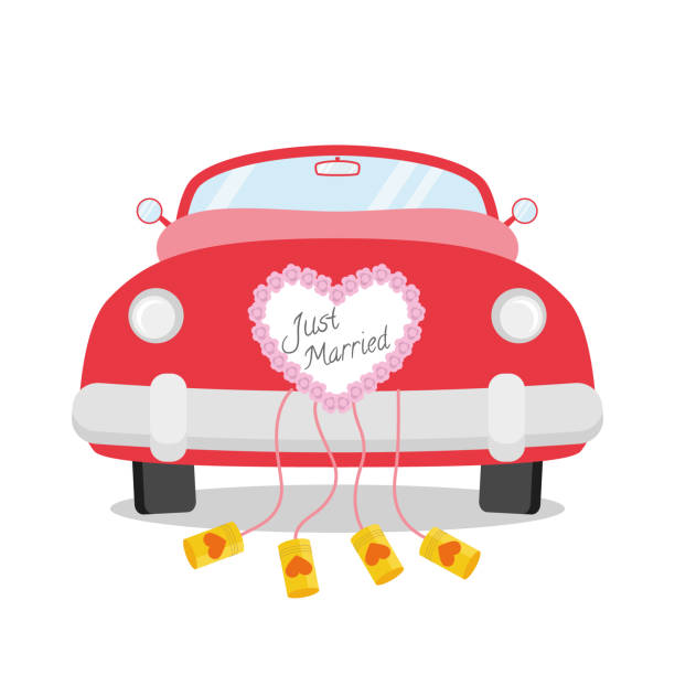 赤い結婚式の車は、ハートの装飾で後ろから見て、それに書かれただけで結婚。結婚式のアイコンの概念ベクトルのイラスト - newlywed点のイラスト素材／クリップアート素材／マンガ素材／アイコン素材