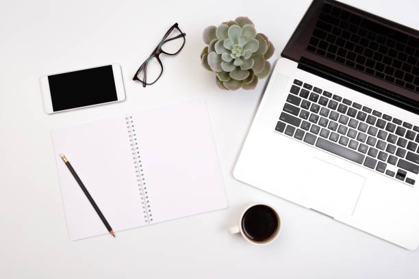 istock Office desk table with supplies. Flat lay Business workplace and objects. Top view. Copy space for text - Image 1141900667