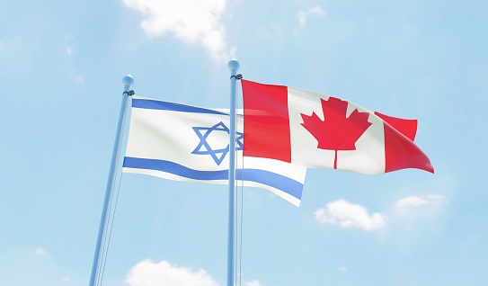 Canada and Israel, two flags waving against blue sky. 3d image
