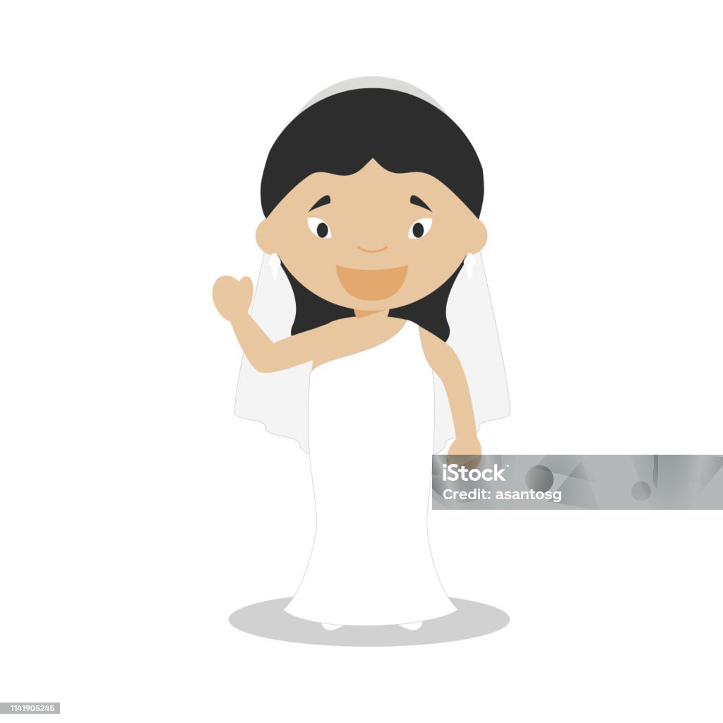 Asian bride wearing a wedding dress in cartoon style Vector Illustration Adult stock vector