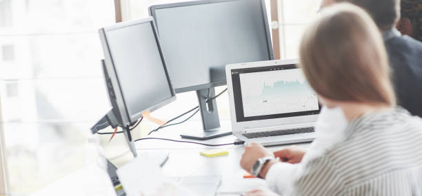 istock Back view of working people in the office with the laptops. Some graphs 1141906910