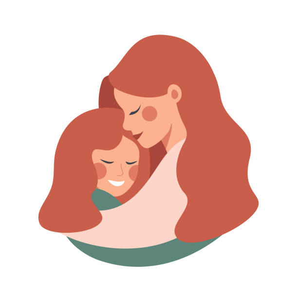 Cute young mother embracing her daughter with love Side view of Cute young mother embracing her daughter with love. Vector illustration isolated from white daughter stock illustrations