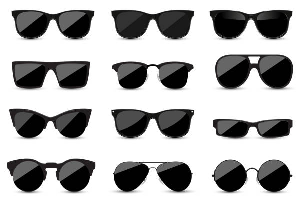 ilustraciones, imágenes clip art, dibujos animados e iconos de stock de gran conjunto de gafas de sol negras de moda sobre fondo blanco. gafas negras aisladas con sombra para tu diseño. - color negro ilustraciones