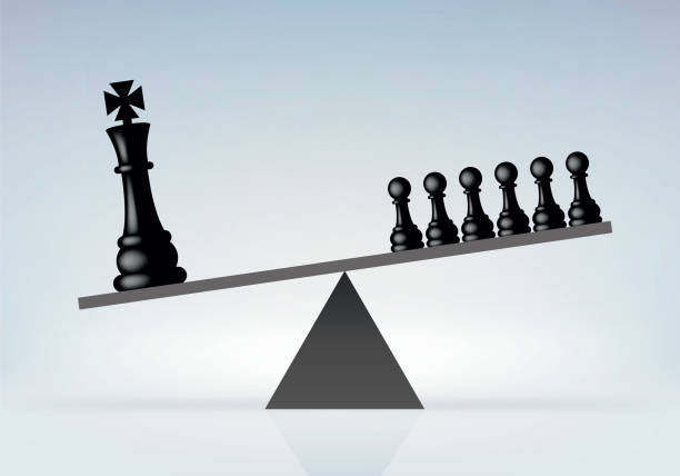 The King dominating the people with the concept of chess. Concept of the domination of a monarchy over its people with the king facing its subjects, symbolized by failures, tipping a balance on its side King Size stock illustrations