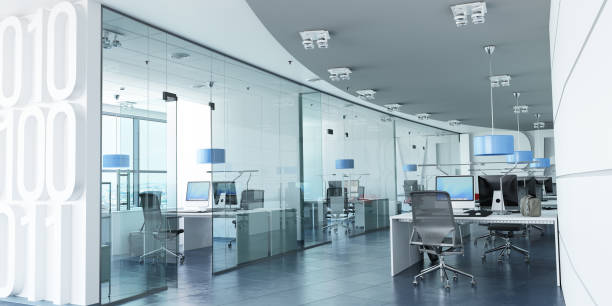 Modern corporate office blue Very realistic 3D rendering of a modern corporate office in white, glass and blue office partition stock pictures, royalty-free photos & images