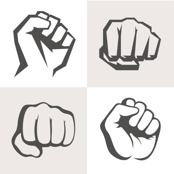 illustrazioni stock, clip art, cartoni animati e icone di tendenza di set di icone mani vettoriali. diversi segni di pugno. - fist punching human hand symbol