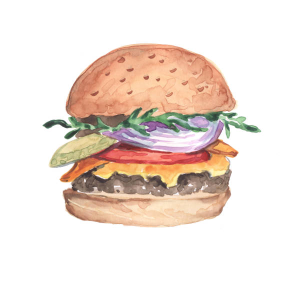 stockillustraties, clipart, cartoons en iconen met aquarel illustratie van hamburger hamburger met tomaat patty ui - rookworst