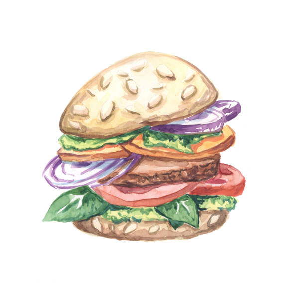 stockillustraties, clipart, cartoons en iconen met aquarel illustratie van hamburger hamburger met tomaat patty ui - rookworst