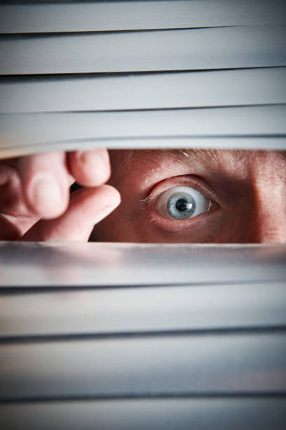istock Startled blue eye looks through venetian blind slat 1141917627