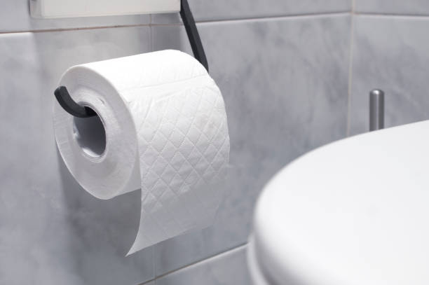 рулон туалетной бумаги в кафельной ванной комнате - toilet paper стоковые фото и изображения