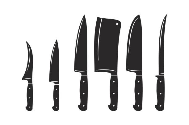 ilustrações de stock, clip art, desenhos animados e ícones de kitchen knives vector icon set - talhante ilustrações